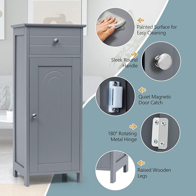 COSTWAY Bathroom Storage Cabinet, Single Door Floor Cabinet with Drawer and 3-Level Adjustable Shelves, Modern Side Storage Organizer with Anti-Tipping Device for Living Room, Bedroom (Gray)