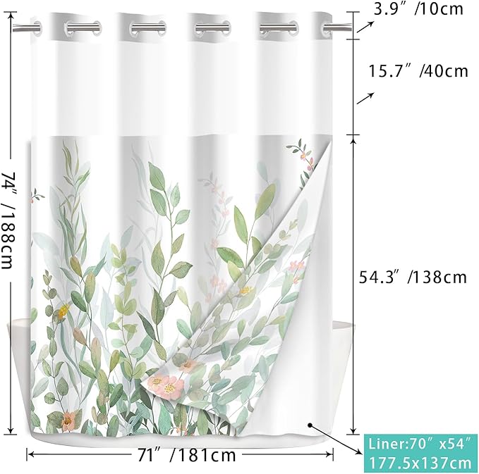 No Hook Shower Curtain Set with Snap in Fabric Liner for Bathroom,with See Through Top Window,Double Shower Curtain with Detachable Liner Replacement,Machine Washable,Green Leaves,71x74inch