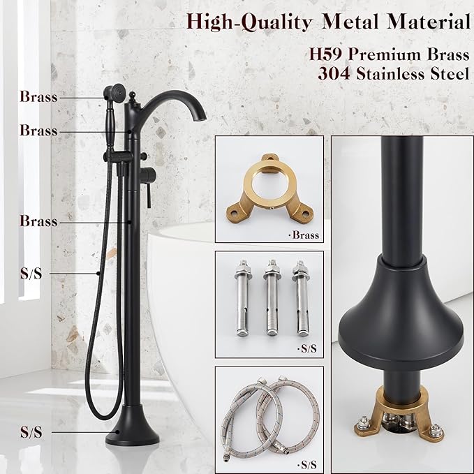 Freestanding Bathtub Faucet, Matte Black Classic Free Standing Tub Faucet with Vintage Handheld Sprayer High Flow Max 7.04GPM Floor Mounted Tub Filler (WT-9002BK)
