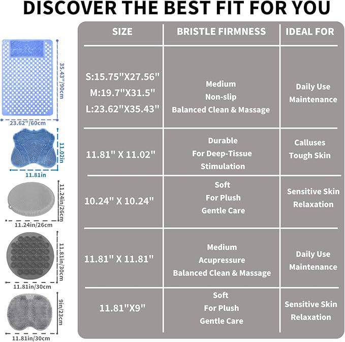 Bath Tub Shower Mat with Soft Shower Foot Scrubber Mat for Massage,Non Slip Bathtub Mat with Strong Suction Cups, Silicone Shower Foot Scrubber Mat (Gray, 35.4" X 23.6"(Rectangular))