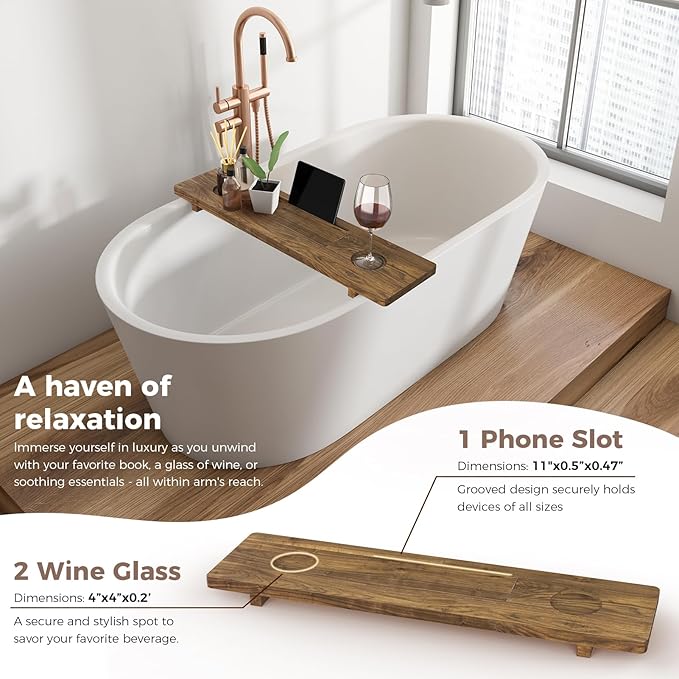 Premium Bathtub Tray, Large & Thick Bath Tub Tray, Solid Acacia Wood Bath Tray for Tub, Bathtub Tray Caddy with Adjustable Legs, Anti-Tipping, Bathtub Accessories, Fits Most Bath Tubs, Idea for Women