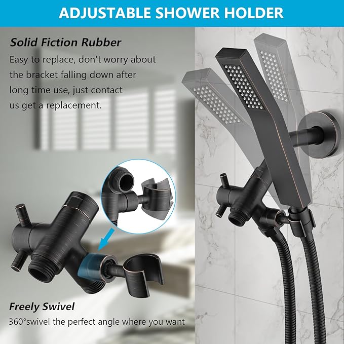 PDPBath Solid Brass 3 Way Shower Arm Diverter Valve with Handheld Holder for Dual Shower Heads with G1/2 Universal Connection - Oil Rubbed Bronze