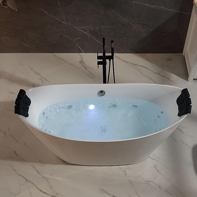 Empava Update Acrylic Whirlpool Bathtub, 67-Inch Freestanding Boat Shaped Jetted Bathtub with Healing Chromotherapy, 18 Hydromassage Jet, Double-Ended Massage Bathtub with Two Black Pillows