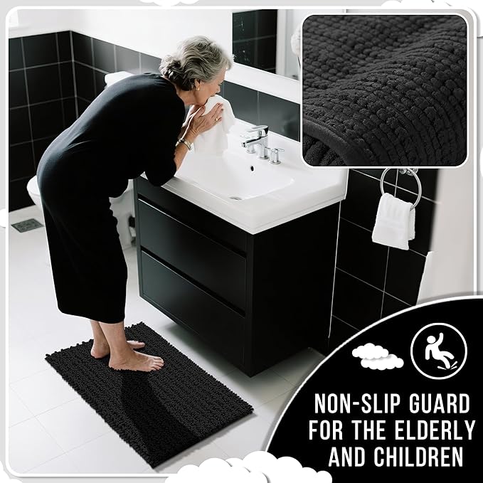 Yimobra Bathroom Rugs Non Slip Washable - Ultra Soft Absorbent Chenille Bath Mat, Quick Dry Shaggy Floor Carpet for Tub Shower, Black Home Decor Accessories, 24x17 Inch