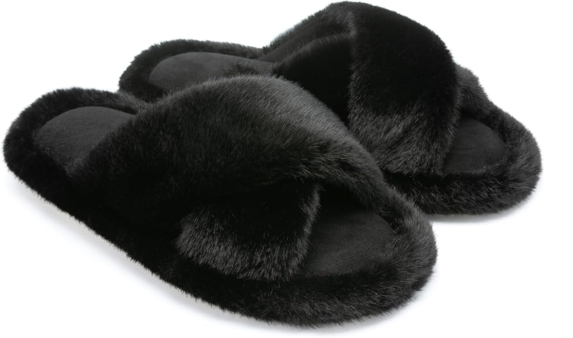 Chantomoo Womens Slippers Memory Foam Fuzzy Cross Band Faux Fur Slippers for Women Gift