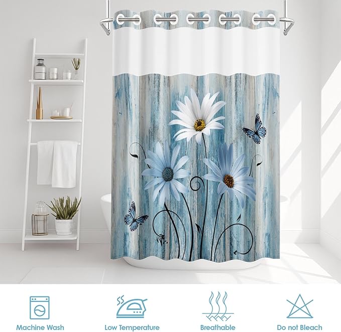 No Hook Blue Daisy Shower Curtain with Snap in Fabric Liner Set, Wooden Boards Double Layers Waterproof Fabric with See Through Top Window Open Grommet Bath Curtain 71x86 Inch