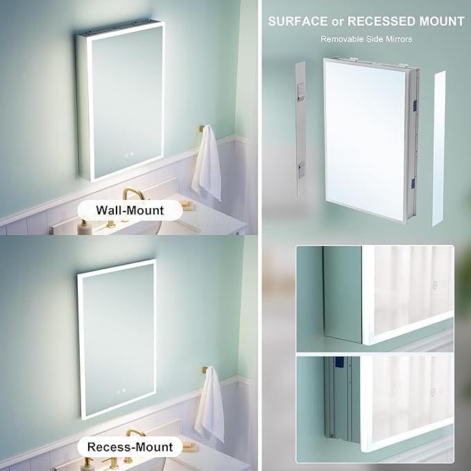 WELLFOR 20" X 30" LED Medicine Cabinet with Mirror, 3X Magnifiying Mirror Cabinet, Defogging/Dimmable Bathroom Mirrored Cabinet, Lighted Medicine Cabinet with Outlets & USB Ports, Right Opening Doors