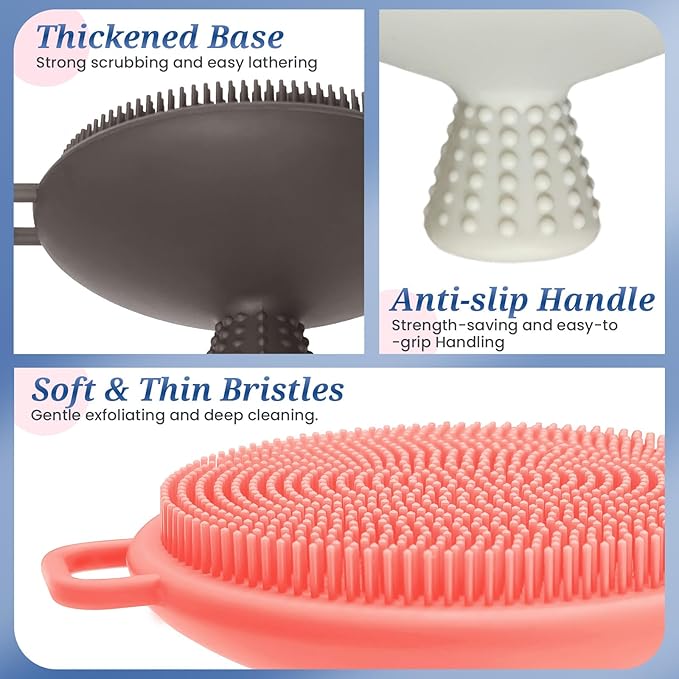 Silicone Face & Back Scrubber Set, Manual Face & Body Scrubber Exfoliator with Soft Bristles and Non-Slip Handle, Back Brush Bath Brush with Detachable Brush Head(2PCS Green Set)