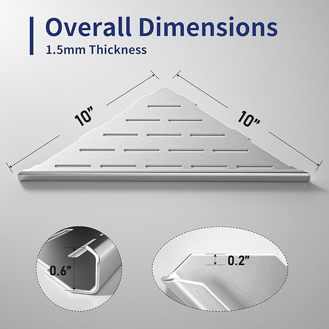 10'' Corner Shower Shelf 2PCS, 304 Stainless Steel Grout in Shelves for Tiled Wall, Recessed Bathroom Shelves, No Drilling Needed (10'', Silver)