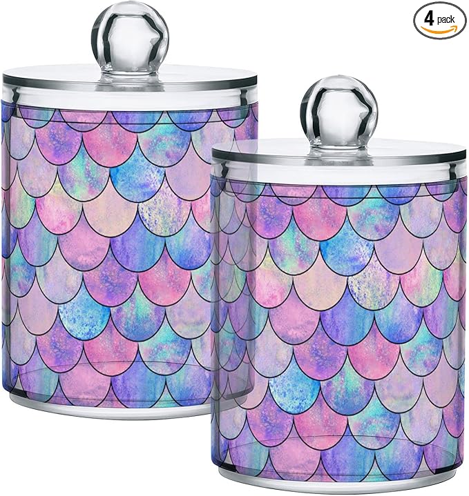 MNSRUU 4 Pack Qtip Holder Organizer Dispenser Colorful Mermaid Scales Bathroom Containers Bathroom Vanity Storage Canister Apothecary Jars for Cotton Swabs/Pads/Floss