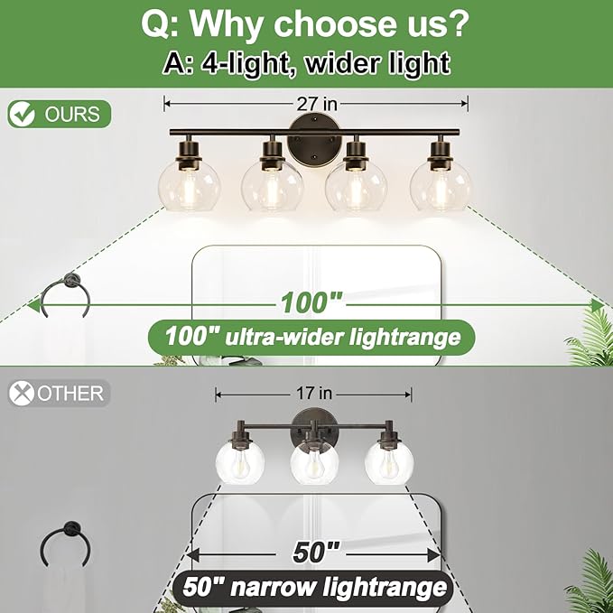 4-Light Bathroom Light Fixtures, Oil Rubbed Bronze Bathroom Lights Over Mirror with Clear Glass Globe Shade, Vanity Lights for Bathroom Kitchen Living Room Hallway Cabinet Bedroom Porch