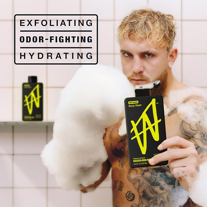 W By Jake Paul Body Wash for Men, Exfoliating Shower Gel with Jojoba Oil, Deep Clean Hydrating Mens Bodywash, Deep Woods Scent, 18 fl oz
