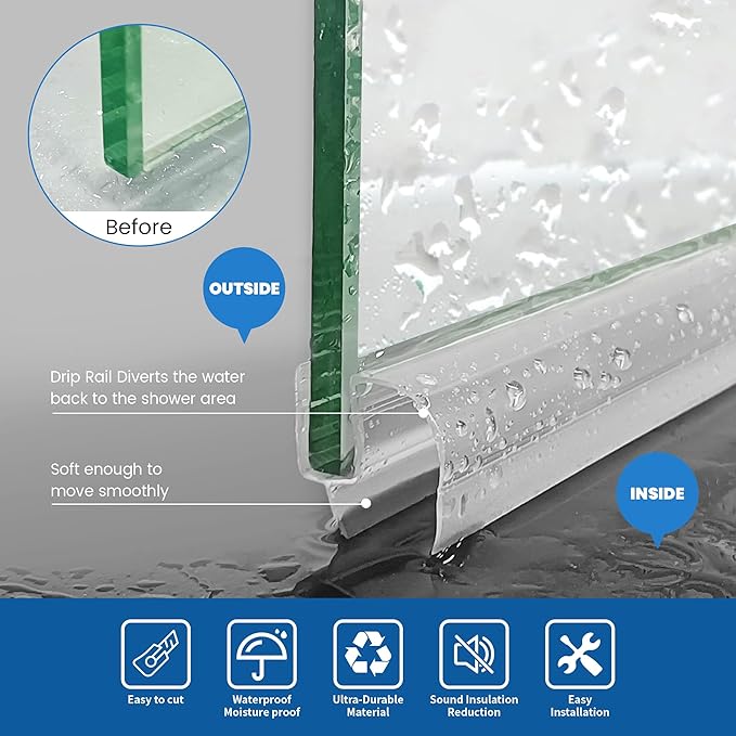 2-Pack Shower Glass Door Bottom Seal Strip,36 Inch Long Clear PVC Seal Strips for 5/16"(8mm) Thick Framless Glass Door Panel, Stop Leaks and Create a Water Barrier
