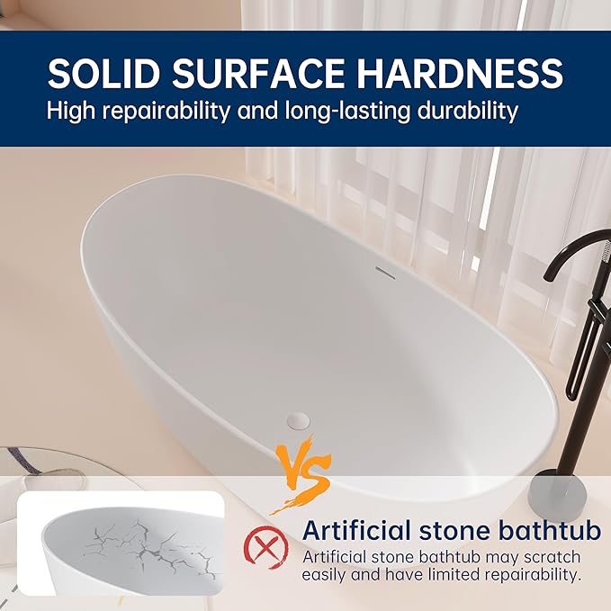 55'' High-back Freestanding Solid Surface Resin Stone Bathtub, Freestanding Tub, Contemporary Design Stand Alone Tub with Pop-up Drain and Overflow, Matte White (Oval)