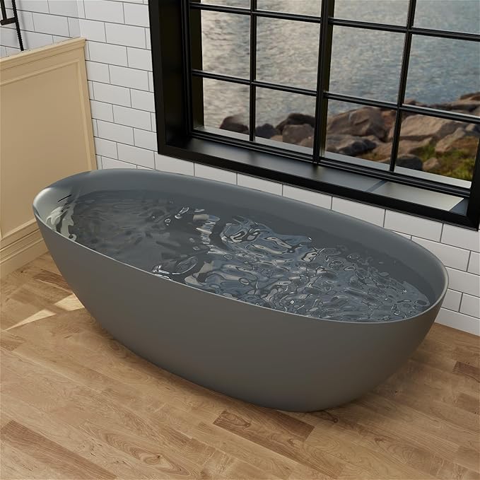 GIVINGTREE 65'' Freestanding Solid Surface Resin Stone Bathtub, Contemporary Design Stand Alone Tub with Pop-up Drain and Overflow, cUPC Certified, Matte Grey(Oval)