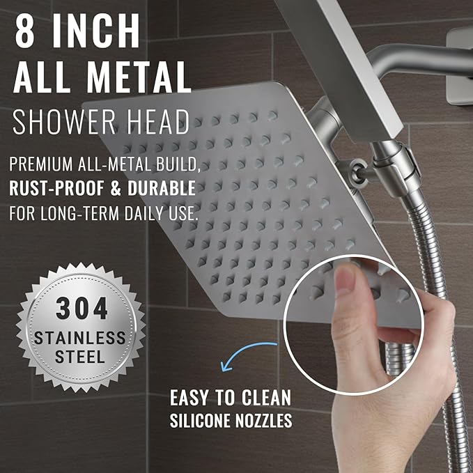 All Metal Shower Faucet Set, Dual Square Shower Head System with Handheld Wand, Diverter, Hose Complete Combo, Pressure Balance Rough-in Valve and Tub Spout Included (Brushed Nickel)