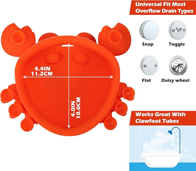 Koluti Bathtub Overflow Drain Cover, Silicone Fun Grab Bath Tub Drain Stopper with 8 Suction Cups, Bathroom Essentials Spa Accessories Gift, Orange