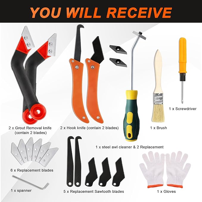 BDS-HOME 23 Pack Grout Removal Tool Kit, 2 Tile Grout Saws with 6 Extra Blades, 2 Hand Grout Saw with 5 Cleaning Sawtooth Blades, Hook Knife, for Bath Shower Floor Tile Grout Cleaning Caulk Remover