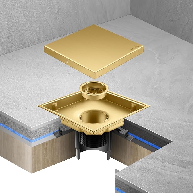 Hidden Brushed Square Shower Floor Drain, Gold 6 inch, 304 Stainless Steel, with Flange, Detachable Cover Embedded in Ceramic Tiles