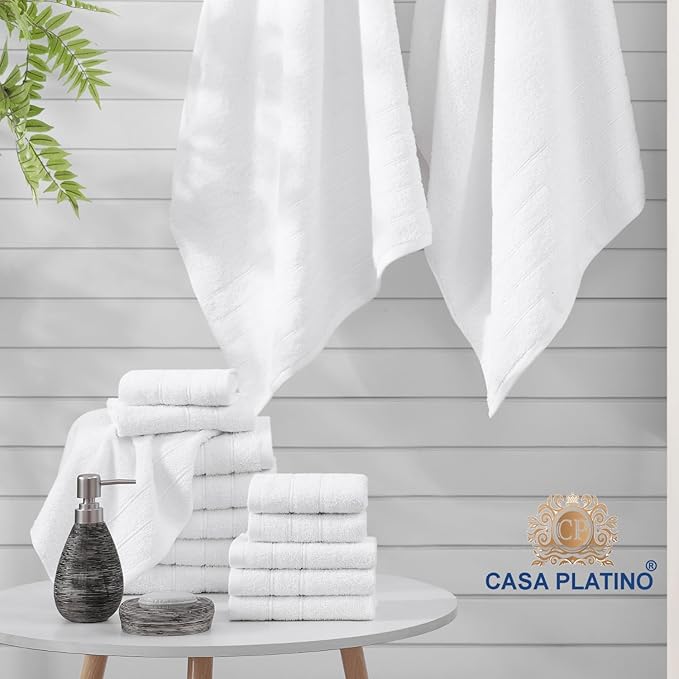 Casa Platino 24 Piece Cotton Towel Set – Ring Spun, Soft & Absorbent Towels, Full Bathroom Set with Bath Sheets, Hand Towels, Gym Towels & Washcloths, Machine Wash Safe – White