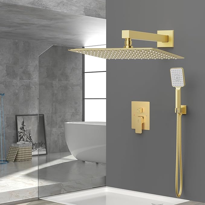 Shower System Modern Rain Brass Faucet Set With Valve and Diverter Shower Mixer With Handheld High Pressure Square Rainfall Shower Valve (12'' Wall Mount, Brushed Gold)