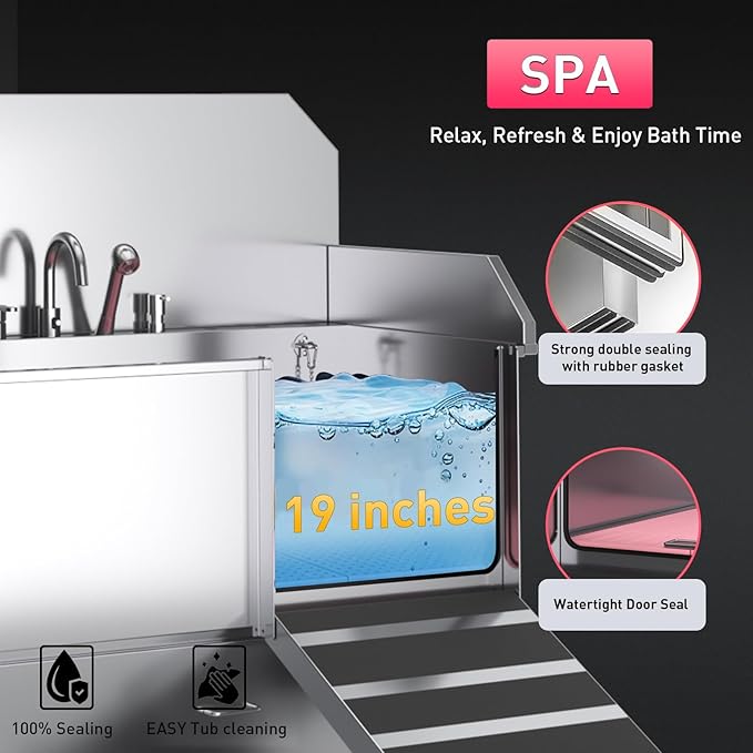 Dog Washing Station – 50 inch Professional 304 Stainless Steel Grooming Tub w/Ramp, Drawer, Faucet & Floor Grate, Dog Bathing Station for Large, Medium & Small Pets, 19" Leak-Proof Deep Soak