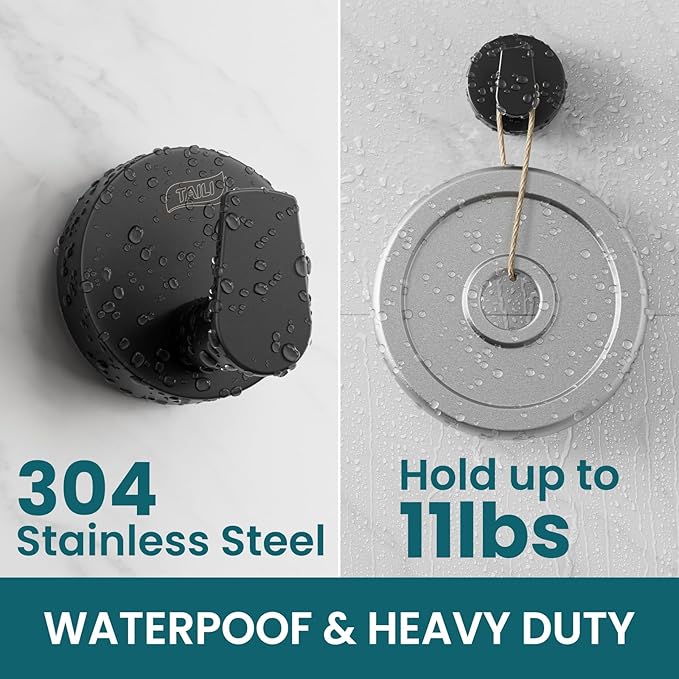 TAILI Stylish 304 Stainless Steel Bathroom Suction Hooks for Towel, Bathrobe, Loofah, No Damage Hanging Glass Shower Wall Hook, Patented Strong Suction Cup Holder, Hold Up to 11 Lbs, A-Cylinder Black