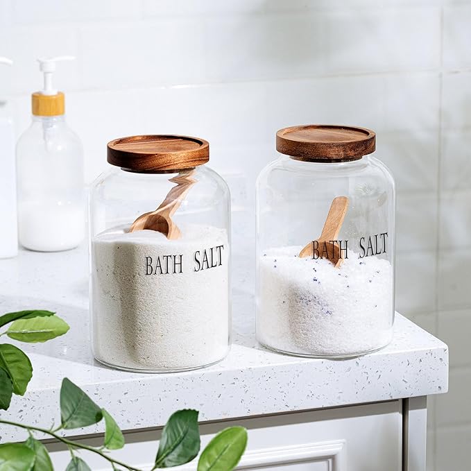 2 Sets 74 oz Large Bath Salt Container with Wooden Scoop for Glass Bath Salt Jar with Airtight Lid Storage Canister for Food, Flour, Sugar, Cookie, Kitchen