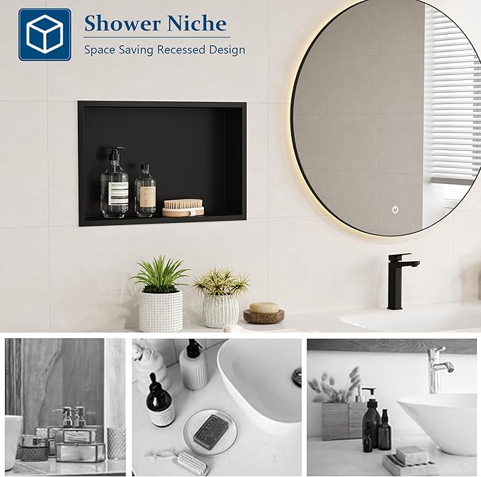 Neodrain Shower Niche, Insert Storage Shower Shelf (Outside Size 19.1”X13.1“)(Inner Size 18"X12"), Stainless Steel Wall Niche No Tiled Recessed Shelf for Storage, Matte Black
