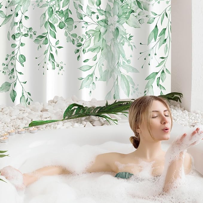 Gibelle Small Stall Shower Curtain 36 x 72, Narrow Half Mint Green Floral Shower Curtain for Bathroom, Watercolor Plant Eucalyptus Leaves Fabric Shower Curtain Set