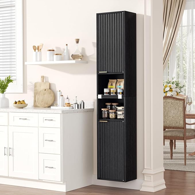 59.1" Tall Slim Bathroom Storage Cabinet Black | Freestanding or Wall Mounted Modular Cabinet, Fluted Panel Linen Tower with Adjustable Shelves for Small Spaces