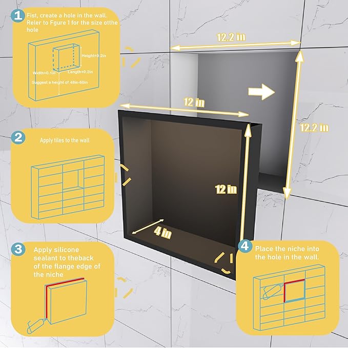 Stainless Steel Lighted Niche for Shower Storage,Bathroom Niches with LED Waterproof Light Strip，Shower Niche Insert Tile Ready ，Matte Black （ 12 x 12 in）
