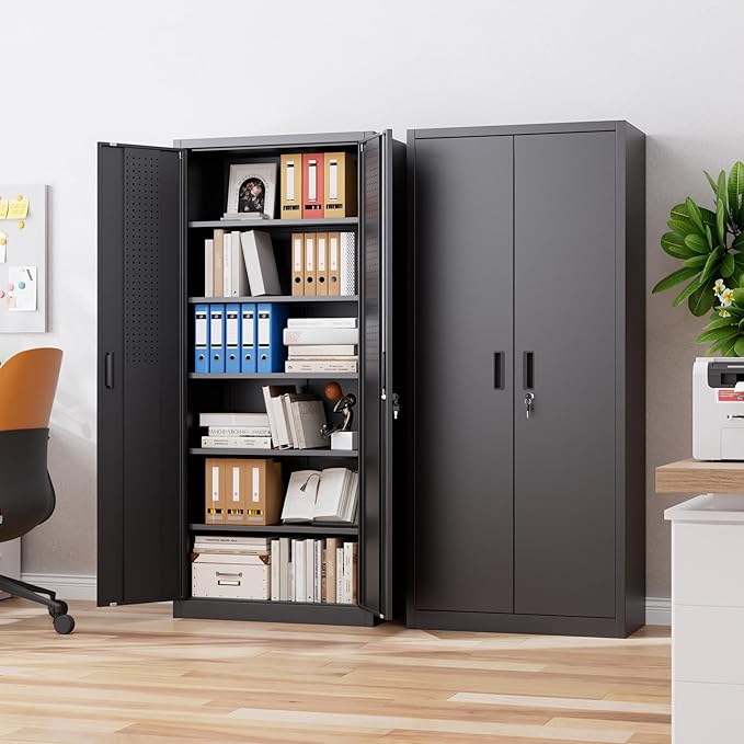 Aobabo 71" H×32" W×16" D Metal Storage Cabinet with 5 Adjustable Shelves, Locking Garage Storage Cabinet with Pegboards and 4 Hooks for Garage, Office, Black, Assembly Required