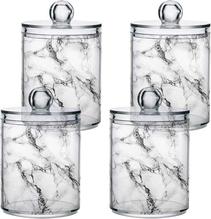 MNSRUU 2 Pack Qtip Holder Organizer Dispenser Stylish White Marble Texture Bathroom Storage Canister Cotton Ball Holder Bathroom Containers for Cotton Swabs/Pads/Floss