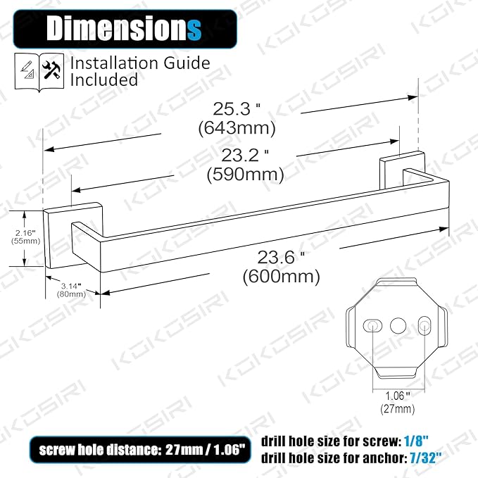 KOKOSIRI 24-Inch Towel Bar, Bathroom Kitchen Towel Holder, Wall Mounted SUS304 Stainless Steel Towel Rack 2 Pack, Polished Chrome, B4003CH-L24-P2