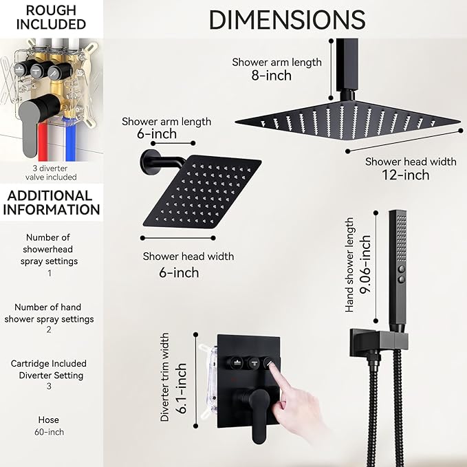 Shower Faucet Set, 12" Shower System with Rain Shower and Handheld, Ceiling Mount Dual Head Can Run All Together For Two People, 3 Way Shower Valve with 5 Diverter Complete, Matte Black