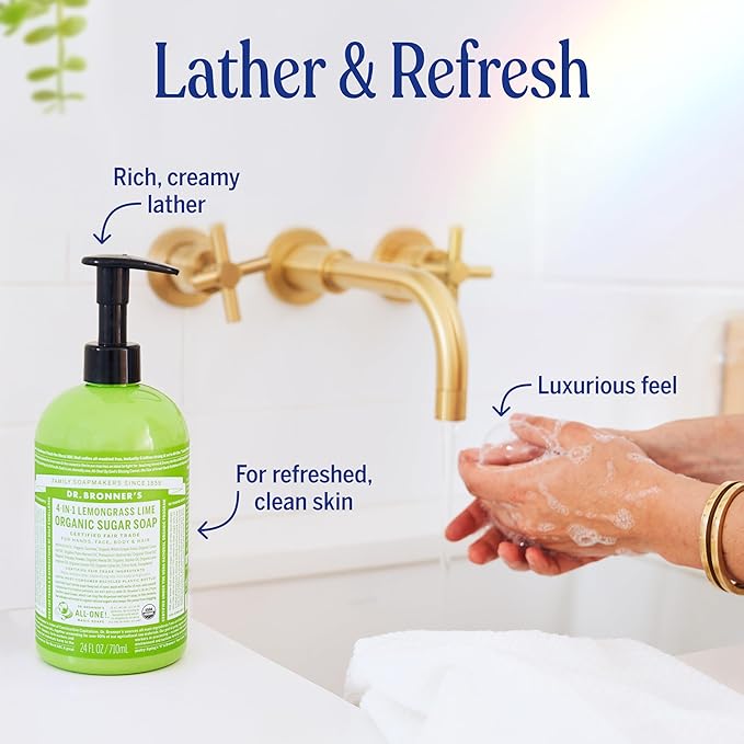 Dr. Bronner's - Organic Sugar Soap (Lemongrass, 24 Ounce) - Made with Organic Oils, Sugar and Shikakai Powder, 4-in-1 Uses: Hands, Body, Face and Hair, Cleanses, Moisturizes and Nourishes, Vegan