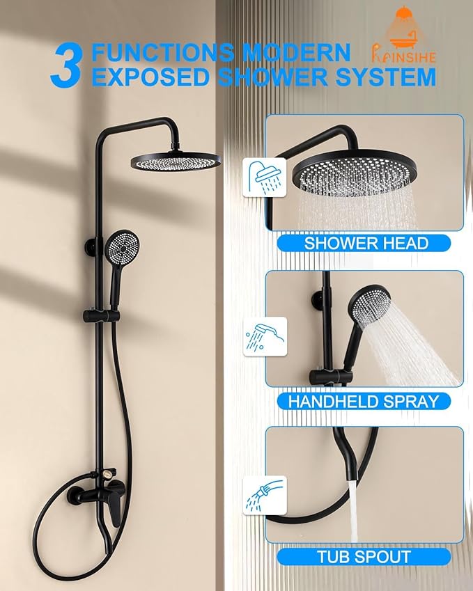 Outdoor Shower Kit, Exposed Shower System with Dial Thermometer Brass Valve, 10'' Rainfall Shower Head and Handheld Shower Faucet Combo for Bath Backyard - Black Wall Mounted