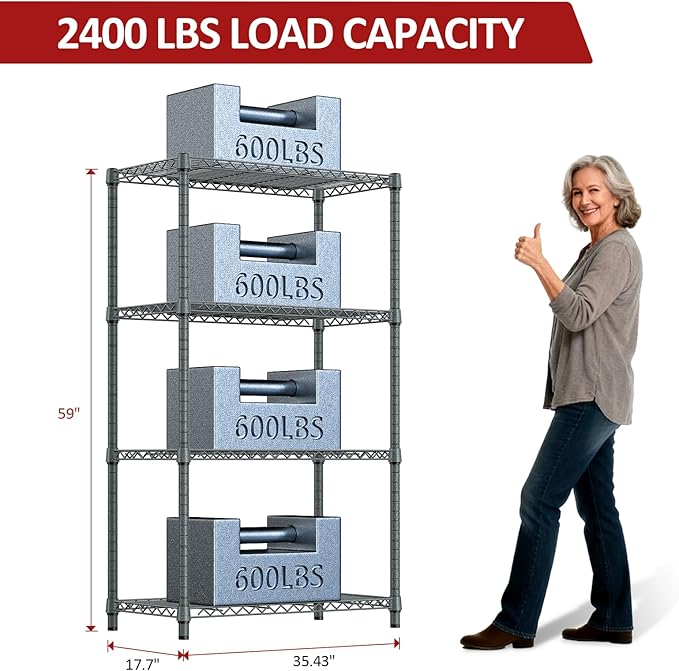 IZEUK 4-Tier Outdoor Metal Storage Shelving Unit, Heavy Duty Wire Rack Organizer with Rust-Resistant and Corrosion-Proof Coating (Grey, 17.7" D x 35.43" W x 59" H)