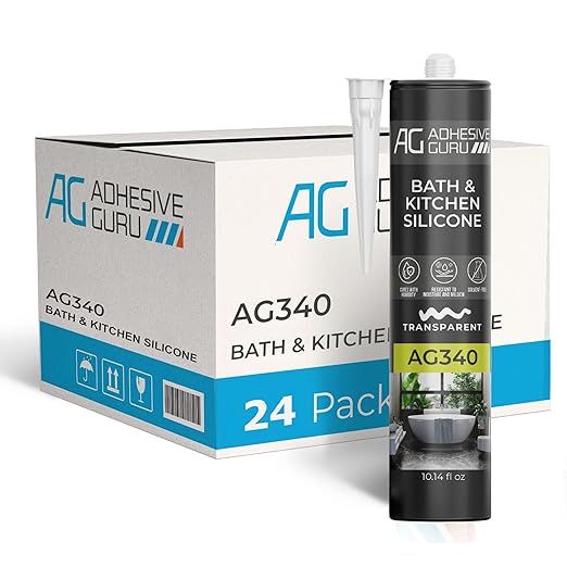 Adhesive Guru AG340 Clear Silicone Sealant for Bath and Kitchen(24x10.14 fl oz), 100% Silicone Caulk, Weatherproof & Flexible Adhesive Sealant, 24 Pack