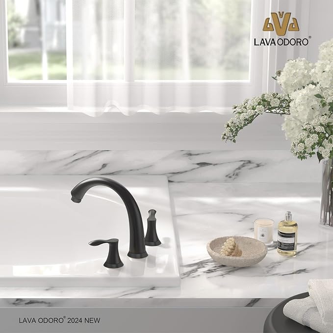 Lava Odoro Black Roman Tub Faucet with Valve, 8 inch Widespread Bathtub Faucet with Valve, High Flow 2 Handle Deck Mount Tub Faucet, Solid Brass 3 Hole Bath Tub Filler TF405-MB