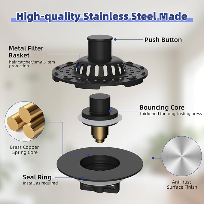 Metal 2 Pack Bathtub Drain Stopper with Top Hair Catcher, 3 in 1 Pop-up Bathtub Strainer, Tub Stopper with Detachable Stainless Steel Filter Basket for Standard 1.5 to 2.4'' Drain, Matte Black