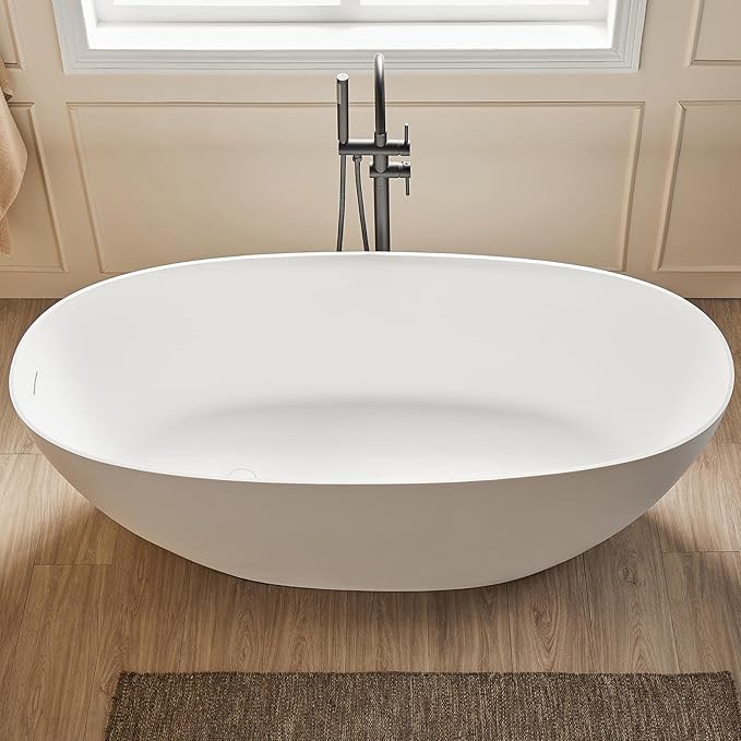 Cpingao 55" Stone Resin Freestanding Bathtub, Oval Contemporary Soaking Tubs, Solid Surface Stand Alone Tub with Drain & Integrated Slotted Overflow Matte White 8845-1400