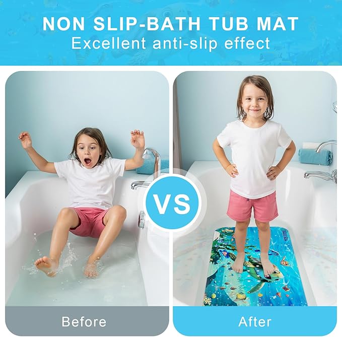 Upgrade Cartoon Baby Bath Mat Non Slip - 40"x16" Extra Long Bathtub Mat for Baby Eco Friendly Durable Bath Mat for Tub Non Slip Kids Tub Mat with Suction Cups, Machine Washable and No Fading, Turtle