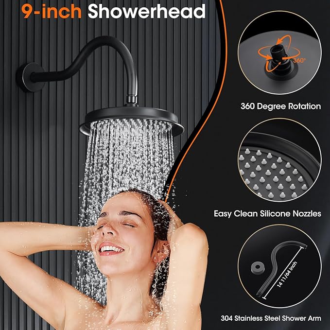 Matte Black Shower System, Shower Faucet Set with Pressure Balance Valve, 9 inch Single-Function Rain Shower Head, Bathroom Shower Valve Trim Kit, High Pressure Shower Fixtures (WT-9817BK)