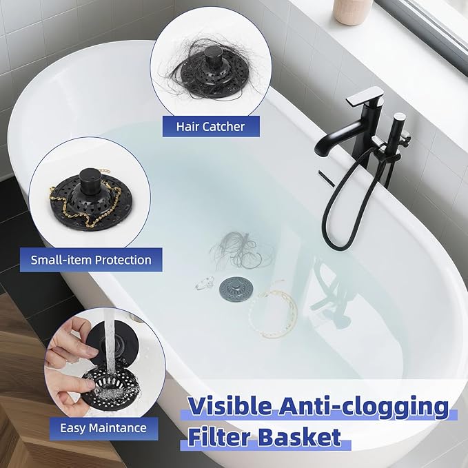 Metal 2 Pack Bathtub Drain Stopper with Top Hair Catcher, 3 in 1 Pop-up Bathtub Strainer, Tub Stopper with Detachable Stainless Steel Filter Basket for Standard 1.5 to 2.4'' Drain, Matte Black