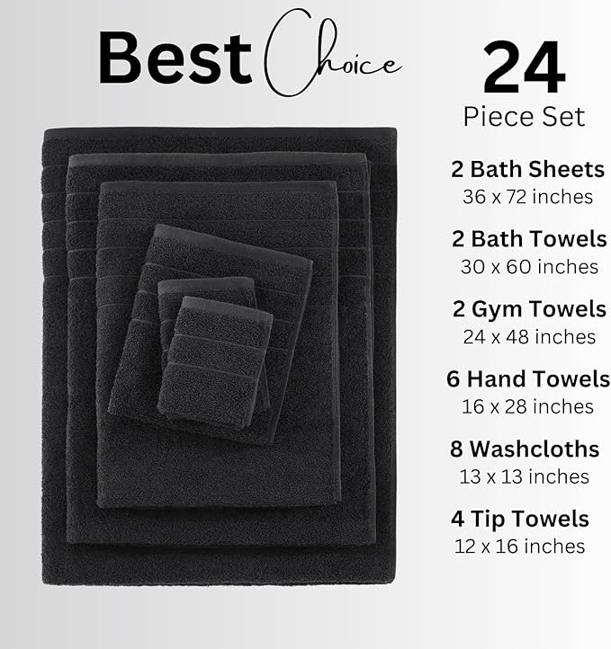 Casa Platino 100% Cotton Bathroom Towels Set - 24 Pcs - Ring Spun, Quick Dry, Soft & Absorbent - 2 Bath Sheets, 2 Gym, 2 Bath, 4 Fingertip, 6 Hand Towels, 8 Washcloths - Pre Shrunk - Black Towel Set