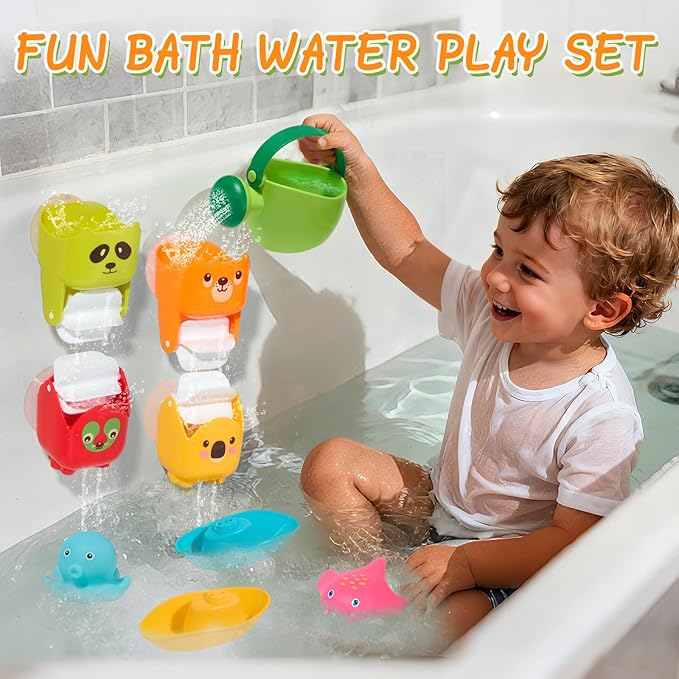 Mold Free Bath Toys, 17PCS | Safe Easy Clean & Fun Floating Boats & Rotating Waterfall Cups & Watering Can and No Hole Bath Toy for Babies 12+ Months | Bathtub Sand Beach Pool Water Toddler Toys