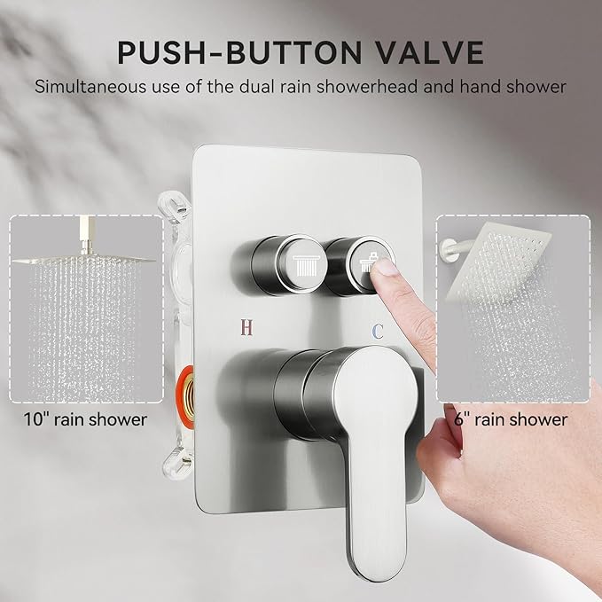 Shower Faucet Set Brushed Nickel Shower System, STARBATH 10" Ceiling Mount Rain Showerhead and 6" Wall Mounted Rainfall Shower for Couples, On Off Button Valve Dual Head Shower Systems Complete