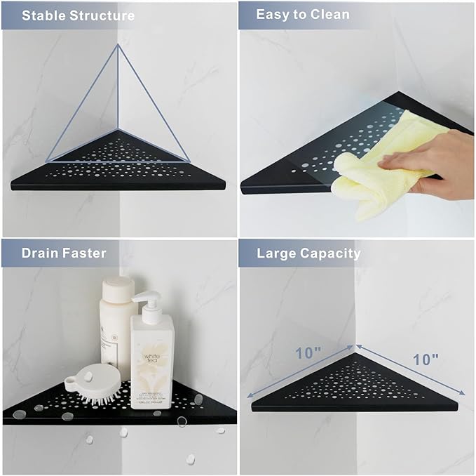 Shower Corner Shelf 10" No Drill,10" 304 Stainless Steel, Recessed Bathroom Shelves Grout in Shelf for Tiled Wall,Matte Black,2 Pack